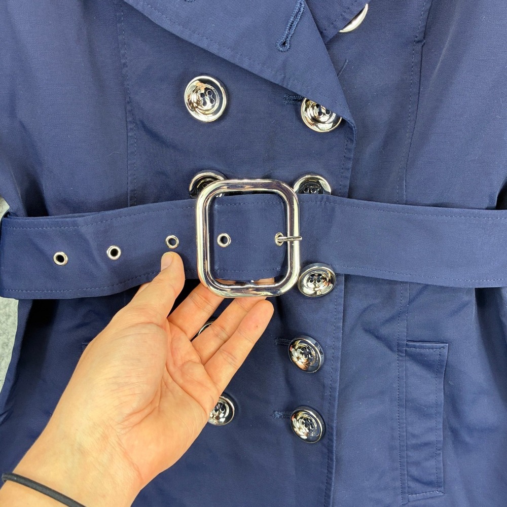 New York & Company Trench Coat Double Breasted Womens Medium Navy Belted - Picture 3 of 15